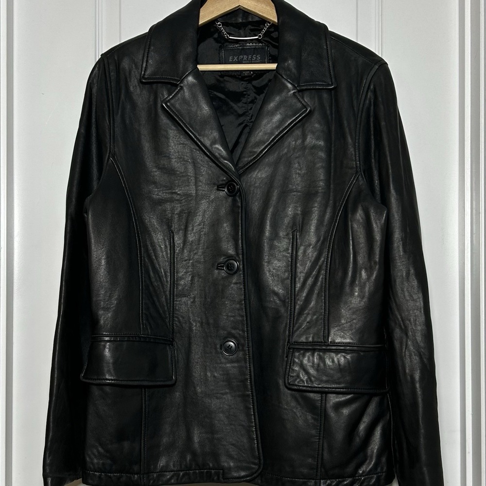 Express World Brand Vintage 90s Black Genuine Leather Three Button Front Blazer